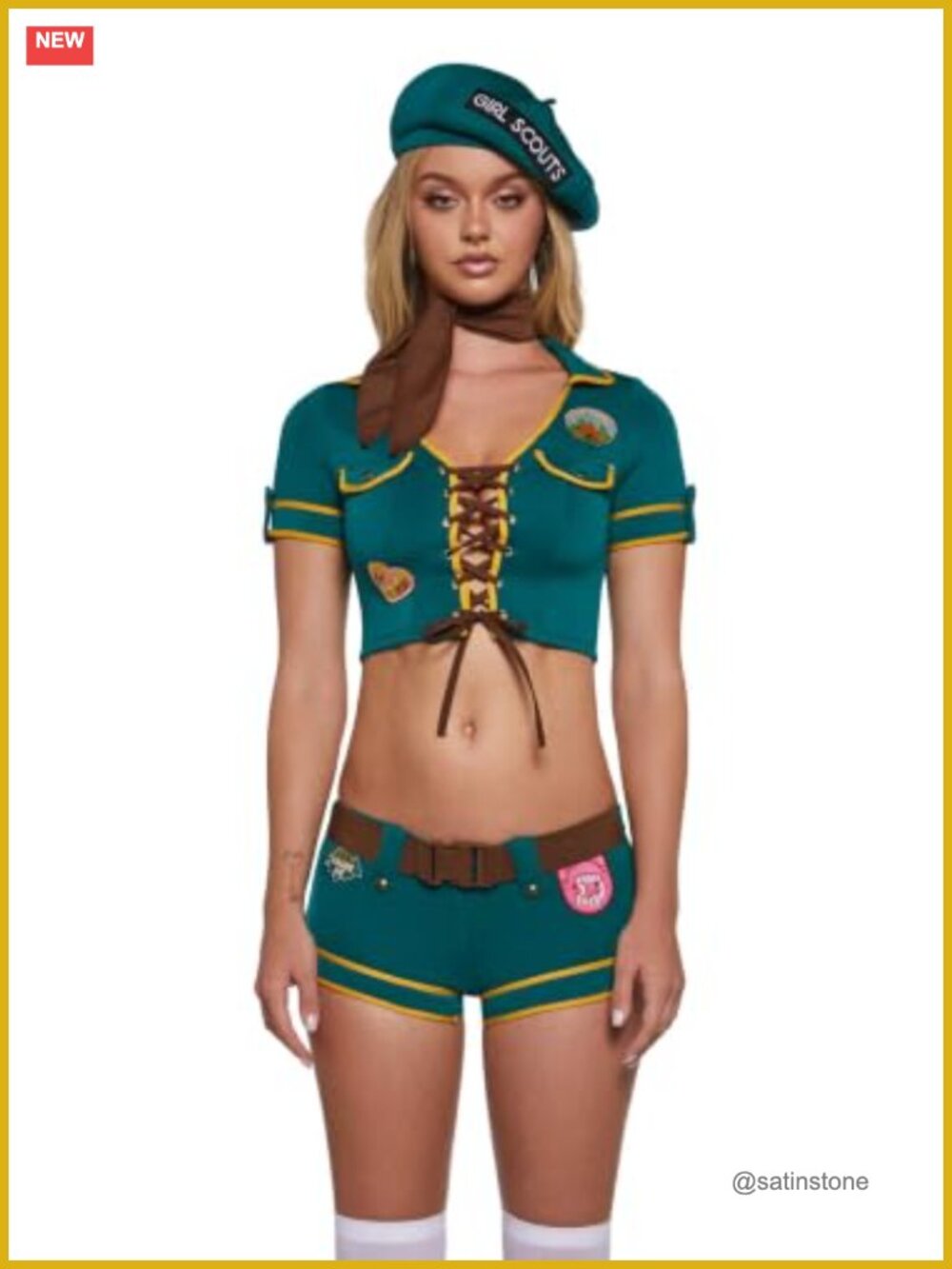 Womens Scout Girl Costume Set Lace-Up Top Shorts Belt Beret Halloween Outfit